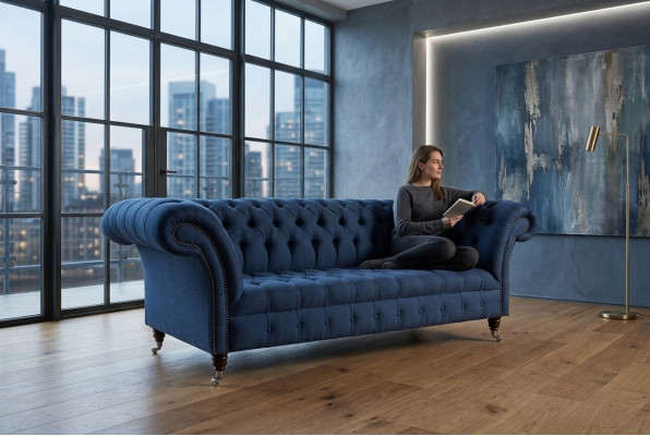Blue Włókienniczy Chesterfield 4-miejsce do siedzenia designerska Podkładka pod sofę