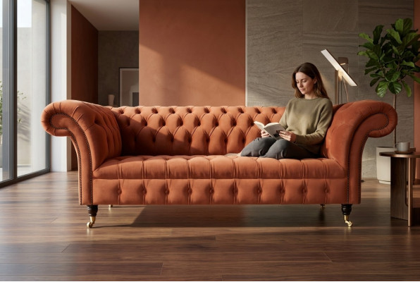 Luksusowa 3-miejsce do siedzenia Orange Chesterfield Designerska kanapa do salonu
