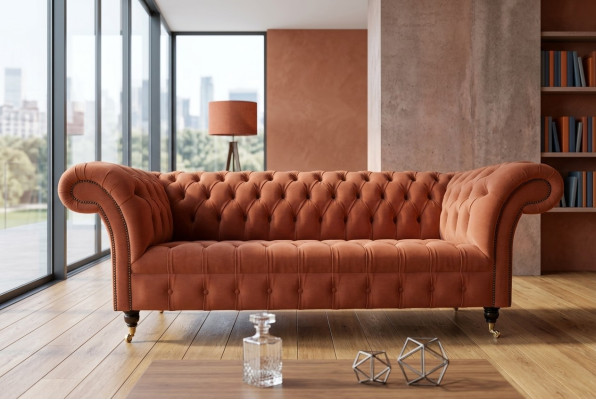 Luksusowa 3-miejsce do siedzenia Orange Chesterfield Designerska kanapa do salonu