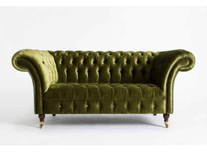 Klasyczna sofa 2-osobowa Chesterfield w kolorze zielonym, z tkaniny aksamitnej i kryształami. Nowa.