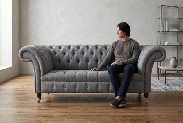 Chesterfield Original Sofa JVMoebel Tekstylne Kanapy Szary Materiał 185cm Kanapa Sofa