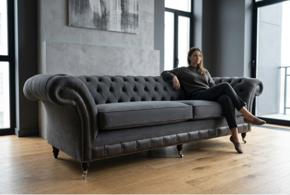 Klasyczna Kanapa Chesterfield 4 miejsce do siedzenia Sofa Aksamit Skóra Design Czarny Nowość