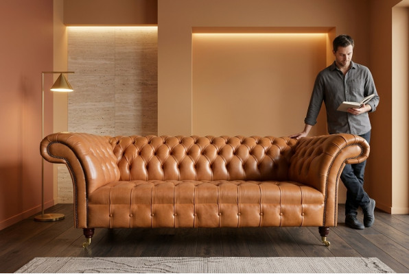 Jasnobrązowa nowoczesna trzyosobowa kanapa designerska Chesterfield