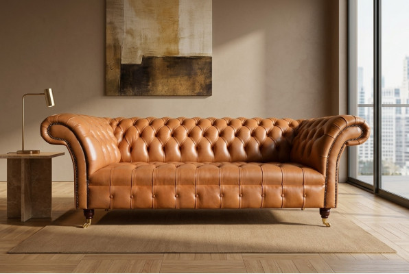 Jasnobrązowa nowoczesna trzyosobowa kanapa designerska Chesterfield