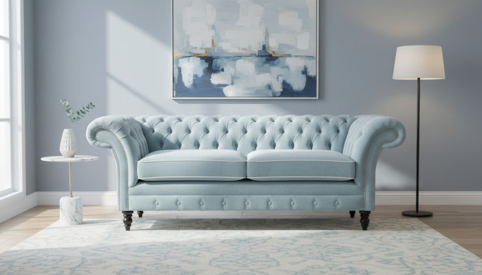 Jasnoniebieska nowoczesna trzyosobowa luksusowa kanapa w salonie Chesterfield