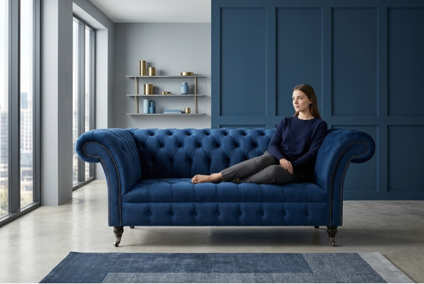 Klasyczna sofa Chesterfield w kolorze niebieskim, komplet tapicerowany, 2-osobowa sofa 185 cm.