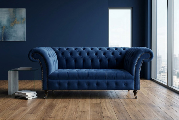 Klasyczna sofa Chesterfield w kolorze niebieskim, komplet tapicerowany, 2-osobowa sofa 185 cm.