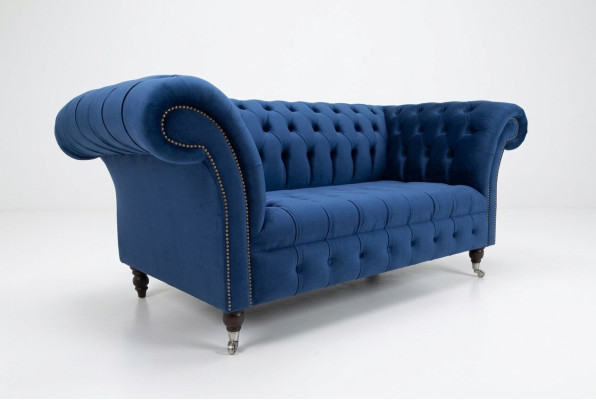 Klasyczna sofa Chesterfield w kolorze niebieskim, komplet tapicerowany, 2-osobowa sofa 185 cm.