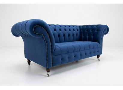 Klasyczna sofa Chesterfield w kolorze niebieskim, komplet tapicerowany, 2-osobowa sofa 185 cm.