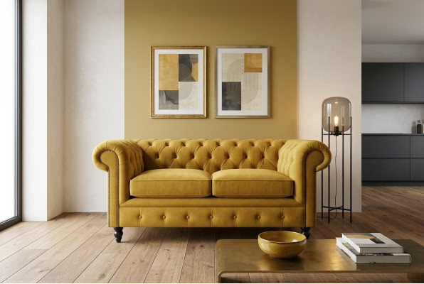 Sofa Chesterfield 2-osobowa kanapa tapicerowana kanapa trzyosobowa Żółte sofy aksamitne Nowości