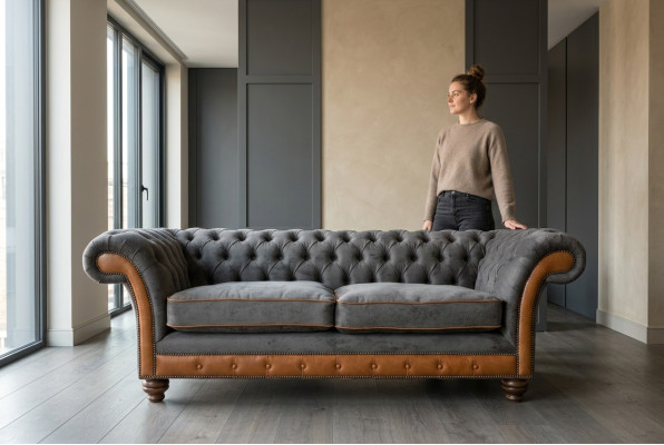 Szaro-brązowy Chesterfield 3-miejsce siedzące w salonie luksusowa kanapa