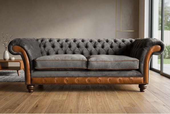 Szaro-brązowy Chesterfield 3-miejsce siedzące w salonie luksusowa kanapa