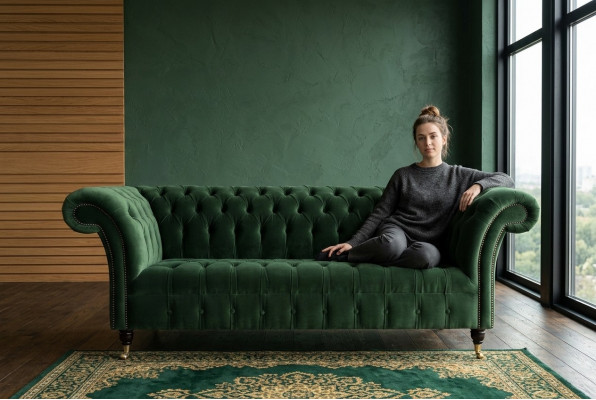 Klasyczna kanapa Chesterfield Design 3 miejsce do siedzenia Sofa Aksamit Skóra duża zielona nowa