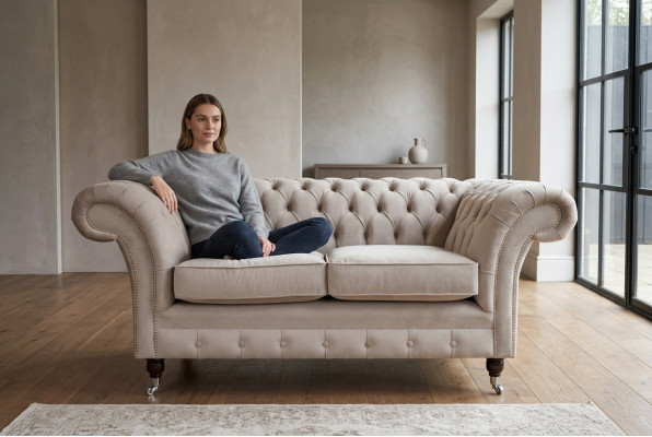 Chesterfield Sofa 2 osobowa kanapa tapicerowana Projektant Kanap Kanapy Komplet Beżowy Aksamit