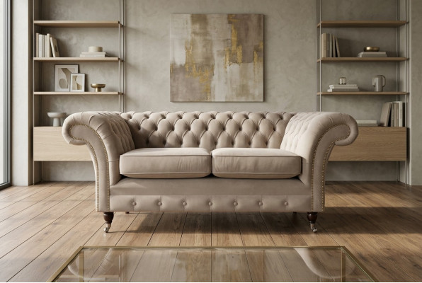 Chesterfield Sofa 2 osobowa kanapa tapicerowana Projektant Kanap Kanapy Komplet Beżowy Aksamit