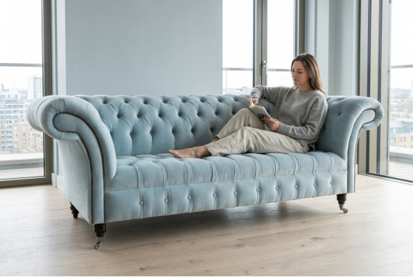 Chesterfield 3 miejsce do siedzenia Podkładka Couch Skóra Sofa Kanapy Włókienniczy Modern Style Blue