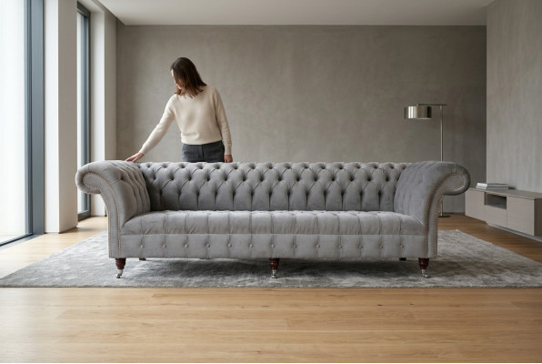 Klasyczna Sofa Chesterfield 4 miejsce do siedzenia Sofy Kanapy Skóra Szara Design Podkładka