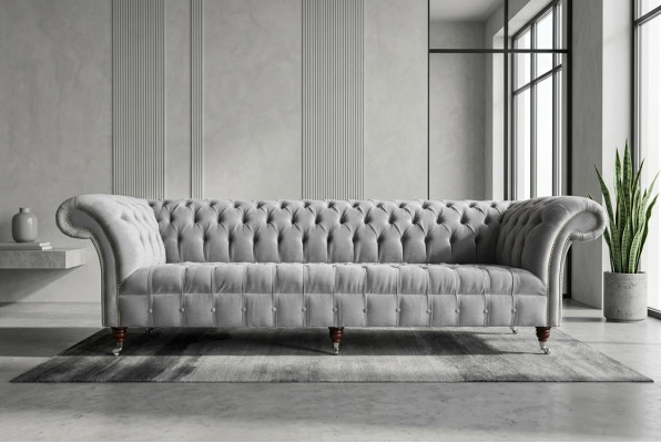 Klasyczna Sofa Chesterfield 4 miejsce do siedzenia Sofy Kanapy Skóra Szara Design Podkładka