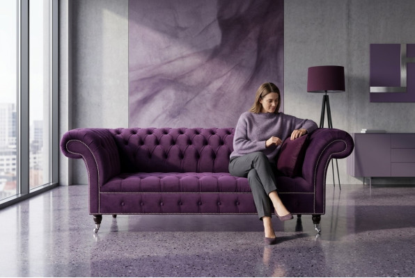 Chesterfield Oryginalna Sofa Włókienniczy Sofy Materiał Fioletowy 225cm Kanapy