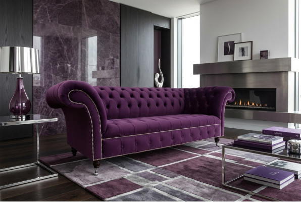 Chesterfield Oryginalna Sofa Włókienniczy Sofy Materiał Fioletowy 225cm Kanapy