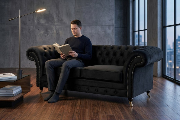 Chesterfield Original Sofa JVMoebel Tekstylne Sofy Kanapy Szary Materiał 185cm Kanapa