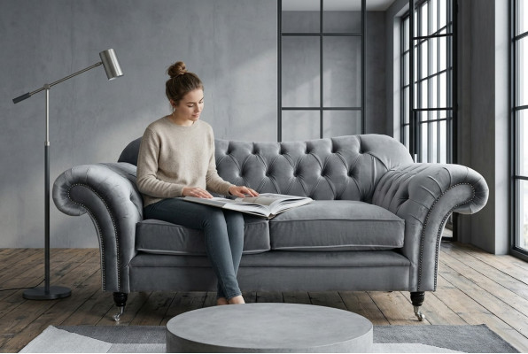 Chesterfield Oryginalna Sofa Włókienniczy Sofy Kanapy Materiał Szara Kanapa 200cm