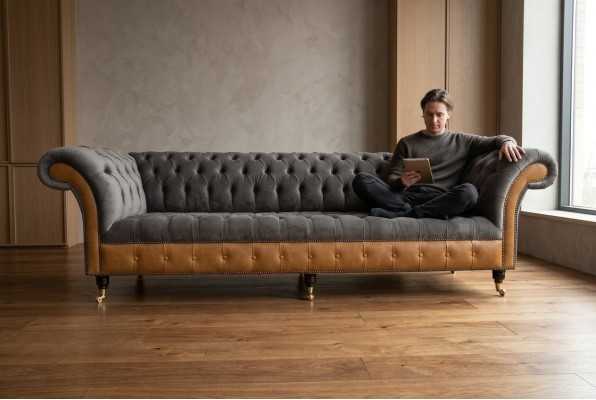 Szaro-brązowa designerska kanapa Chesterfield 4-miejsce siedzące na luksusowych kanapach