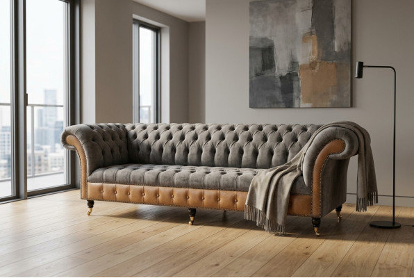 Szaro-brązowa designerska kanapa Chesterfield 4-miejsce siedzące na luksusowych kanapach