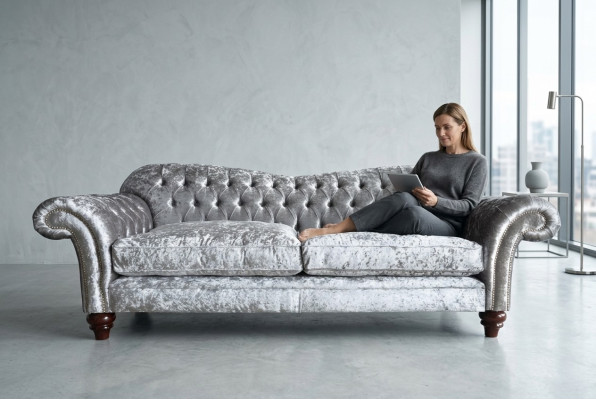 Klasyczna Kanapa Chesterfield 4 miejsce do siedzenia Sofa Kanapy Aksamit Skóra Design Szara 240cm