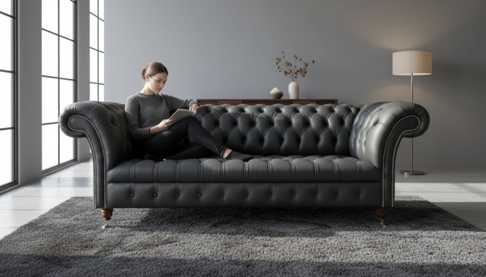 Szara designerska trzyosobowa kanapa Chesterfield Skóra