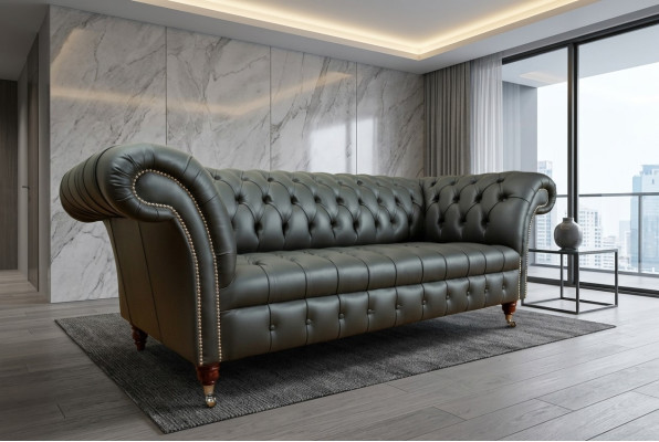 Szara designerska trzyosobowa kanapa Chesterfield Skóra