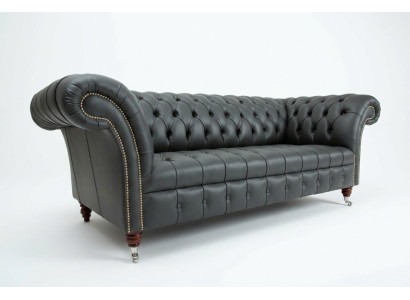 Szara designerska trzyosobowa kanapa Chesterfield Skóra