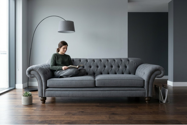 Nowoczesna Sofa Chesterfield Couch 4 miejsce do siedzenia Kanapy Aksamit Skóra Design Grey