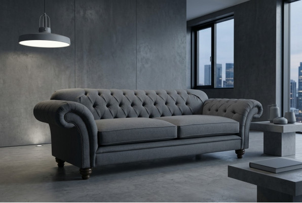 Nowoczesna Sofa Chesterfield Couch 4 miejsce do siedzenia Kanapy Aksamit Skóra Design Grey