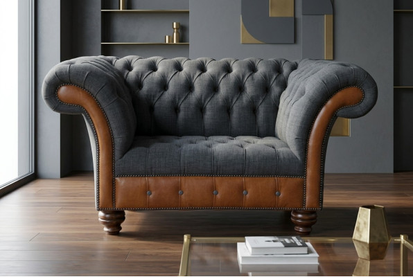 Fotel Kanapa Tapicerka Sofa Materiałowa Chesterfield Kanapy 1,5-osobowa Fotel szary