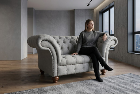 Chesterfield Design Tkaninowy Fotel Kanapa 1.5 Miejscowa Sofa Do Salonu Szara Welur