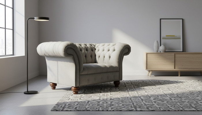 Chesterfield Design Tkaninowy Fotel Kanapa 1.5 Miejscowa Sofa Do Salonu Szara Welur