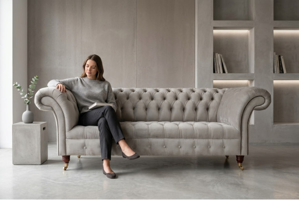 Stylowy trzyosobowy luksusowy pokój dzienny Chesterfield w kolorze jasnoszarym 3-miejsce siedzące