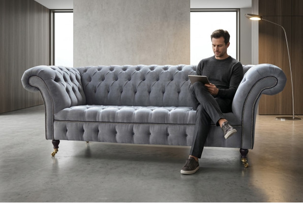Stylowa szara sofa Chesterfield 3-miejsce do siedzenia, luksusowa sofa do salonu
