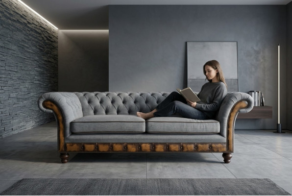 Szaro-brązowa designerska kanapa Chesterfield do salonu 3-miejsce siedzące Sofa