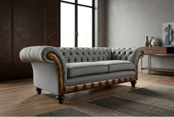 Szaro-brązowa designerska kanapa Chesterfield do salonu 3-miejsce siedzące Sofa