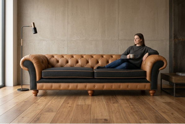 Brown Chesterfield Couch 4 miejsce do siedzenia Sofa Kanapy Aksamit Skóra Design