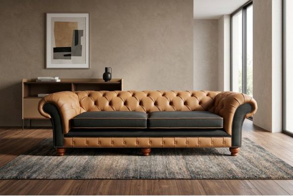 Brown Chesterfield Couch 4 miejsce do siedzenia Sofa Kanapy Aksamit Skóra Design