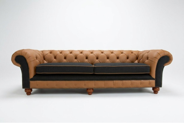Brown Chesterfield Couch 4 miejsce do siedzenia Sofa Kanapy Aksamit Skóra Design