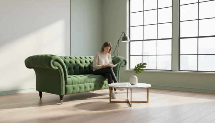 Zielona sofa Chesterfield z tkaniny, dwuosobowa, tapicerowana, 185 cm, nowa, materiał skórzany