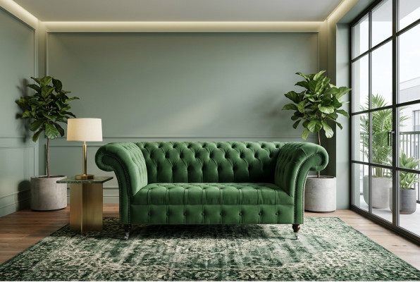 Zielona sofa Chesterfield z tkaniny, dwuosobowa, tapicerowana, 185 cm, nowa, materiał skórzany