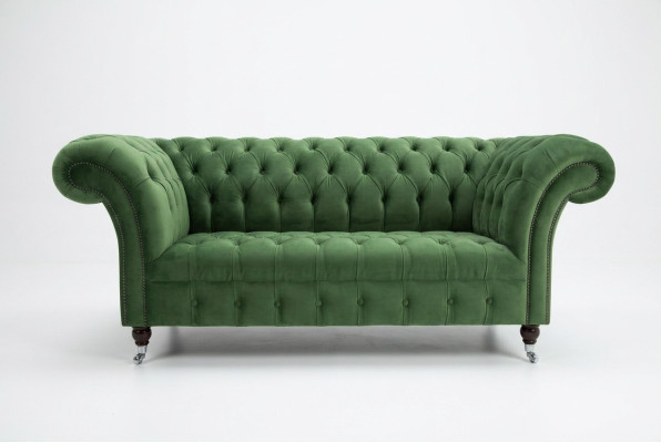 Zielona sofa Chesterfield z tkaniny, dwuosobowa, tapicerowana, 185 cm, nowa, materiał skórzany