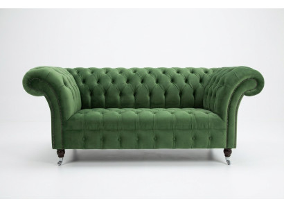 Zielona sofa Chesterfield z tkaniny, dwuosobowa, tapicerowana, 185 cm, nowa, materiał skórzany