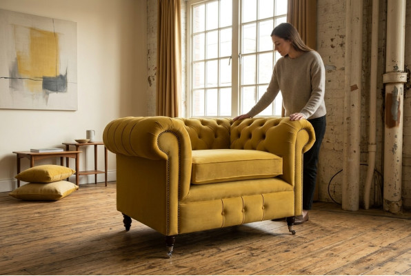 Skrzydłowy fotel klubowy luksusowej strefy relaksu. Sofa Chesterfield.