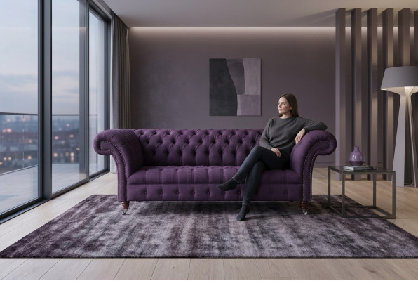Nowoczesna 3-osobowa sofa Chesterfield w kolorze fioletowym do salonu